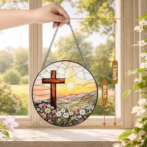 8 Inch Stained Glass Cross Sunset for Windows Hanging, Stained Glass Gift, Christian Gifts, Religious Gifts, Christian Cross, Window Decor, Religious Faith Gift for Easter, Mother's Day, Christmas - Thumbnail 5