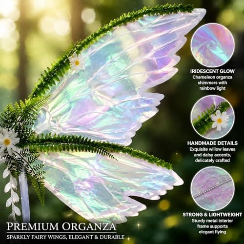 Fairy Wings Set for Kids & Adults - 4 PCS Butterfly Wings with Elf Ears, Flower Crown & Wand - Universal Size Sparkly Fairy Costume for Women Girls, Halloween Cosplay Renaissance Festival White - Thumbnail 4