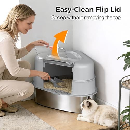 Chumajor XXL Stainless Steel Corner Cat Litter Box with Lid - Sturdy, No Odor & Space-Saving Hidden Design for Large Cats, Grey - Thumbnail 6