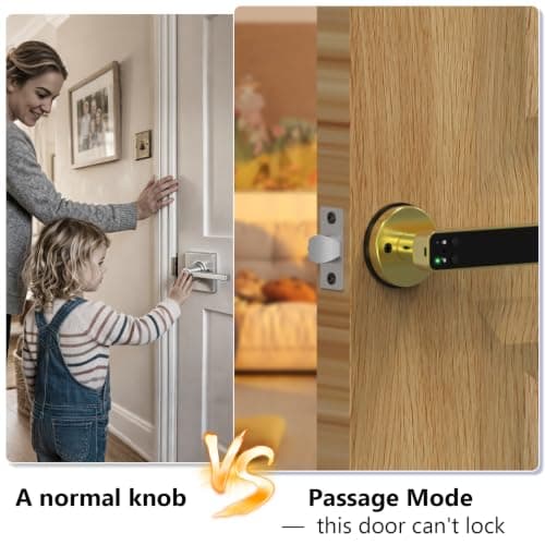 Fingerprint Keyless Entry Bedroom Door Lock with Code RFID Card NFC APP Keypad, Smart Biometric Automatic Interior Door Handle with Lock for Indoor Hotel Pantry Apartment Office Home, Gold - Thumbnail 2