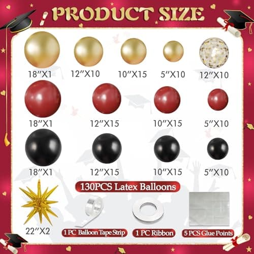 Burgundy Gold Balloon Arch Kit Graduation Decorations 2026, 130Pcs Burgundy Gold Black Balloons and Foil Star Balloon with Confetti Ribbons Grad Party Decorations for College High School Class of 2026 - Thumbnail 4