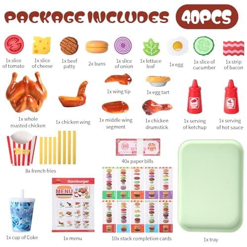Wooden Play Food for Kids Kitchen Set with 10 Stacking Challenge Cards, 40+ Pcs Fake Fast Food Hamburger Toy with Roast Chicken & Play Money, Pretend Play Toys Birthday Gift for Toddlers Age 2-6 - Thumbnail 4