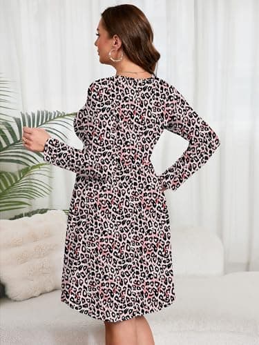 AusLook Women's Plus Size Long Sleeve Midi Dress Crewneck Casual Empire Waist Loose Flowy Dresses A-Line Boho Party 2025 Fall Winter Long Fancy Peachy Leopard 2X Dress with Pockets - Thumbnail 5