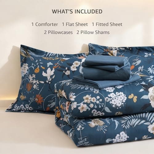 CASAAGUSTO Queen Comforter Set - 7 Pieces Blue Floral Bedding Sets, Queen Bed in a Bag with Botanical Butterfly Comforter, Sheets, Pillowcases & Shams for All Seasons - Thumbnail 6
