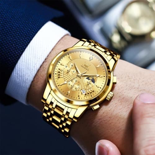OLEVS Watch Men Gold Watches for Men Luxury Mens Watches Dress Wrist Watch for Man Wateproof Analog Quartz Stainless Steel Large Face Chronograph Moon Phase Date Luminous Golden Reloj para Hombre - Thumbnail 2