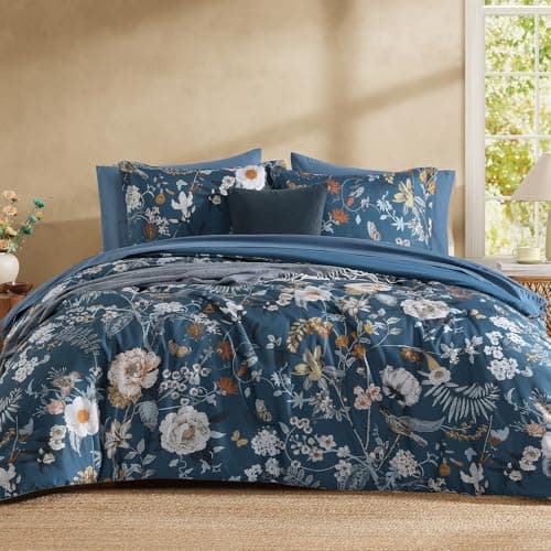 CASAAGUSTO Queen Comforter Set - 7 Pieces Blue Floral Bedding Sets, Queen Bed in a Bag with Botanical Butterfly Comforter, Sheets, Pillowcases & Shams for All Seasons - Image 1