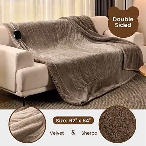 Bearhug Electric Blanket Twin Size 62" x 84", Velvet & Sherpa Heated Blanket, 5-Year Warranty, 10 Heating Levels & 1-12H Auto Off, Over-Heat Protect, ETL Certification, Machine Washable - Thumbnail 3