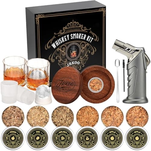 Whiskey Smoker Kit with Torch - 6 Natural Wood Chips, 2 Glasses, 2 Ice Ball Molds - Cocktail Smoker Infuser Kit, Old Fashioned Smoker Kit, Birthday Bourbon Whiskey Gifts for Men, Dad(No Butane) - Image 1