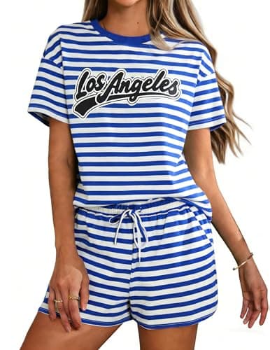 QLIPIN Striped 2 Piece Set for Women: Two Piece Lounge Sets Summer Outfits Stripes Shirt and Shorts Set - Image 1