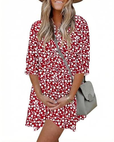 AUSELILY Summer Babydoll Dresses 3/4 Sleeve Button Down Casual A-Line Mini Cute Sundress Loose Flowy Dress with Pockets - Image 1