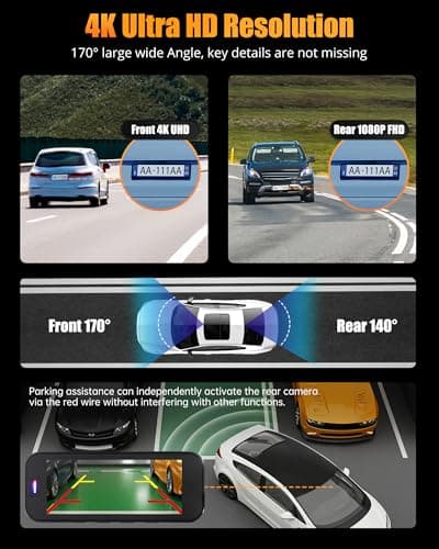 Dash Camera for Cars, 4K Full HD Dual Dash Cam Front and Rear with Wi-Fi, Included 32GB Card, 3.16” IPS Screen, Night Vision, 170°Wide Angle, WDR, 24H Parking Mode - Thumbnail 2
