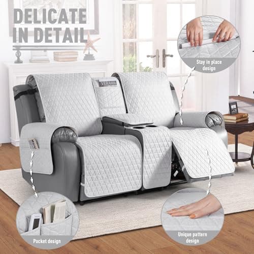 TAOCOCO 100% Waterproof Loveseat Recliner Covers with Console, Non Slip Recliner Covers that Stay in Place, Split Seat Design Washable Reclining Loveseat Cover with Elastic Straps, Off White - Thumbnail 6