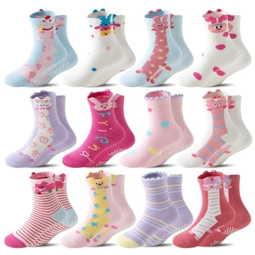 ORVYTHA 12 Pairs Baby Girls Boys Toddlers Kids Grips Socks Non-Slip/Anti-Skid Funny Cartoon Breathable Cotton Crew Socks - Image 1