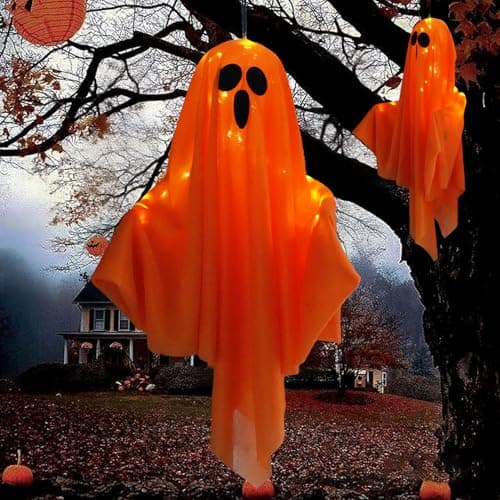 Halloween Hanging Ghost Lights Decorations, Warm White LED, Swinging Ghost Home Decor, 3 Modes Adjustable, Party Garden Yard Scary Cute Spooky Gifts (Orange 2Pack) - Image 1