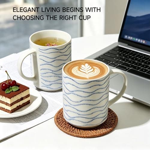 ALOFMO Ceramic Mugs Set of 6, 17oz Coffee Mugs with Handpainted Blue Stripe Pattern, Modern Stackable Coffee Cups, Dishwasher and Microwave Safe Mugs for Coffee, Tea, Milk - Thumbnail 6
