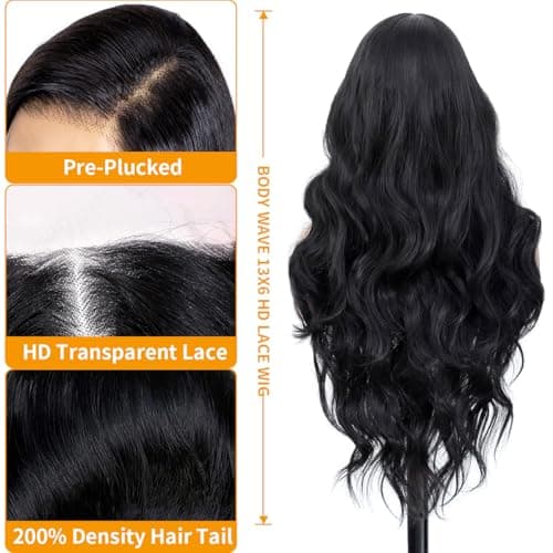 SUMT 32 Inch 13x6 Body Wave Lace Front Wigs Human Hair 200% Density HD Transparent Lace Front Wig Pre Plucked with Baby Hair Virgin Human Hair Frontal Wig for Women Natural Black - Thumbnail 2
