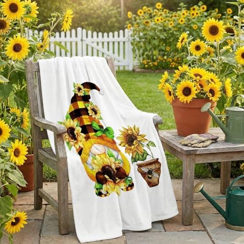 Ivarunner Spring Sunflower Gnome Throw Blanket 60x50 Inches, Gnomes Gifts for Women, Kids, Adults, Soft Lightweight Flannel Blanket for Couch, Sofa, Camping, Spring Home Decor - Image 1