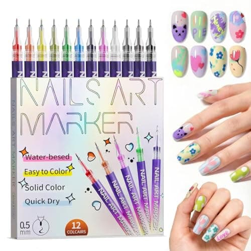 12 Color Nail Art Pens Set, Nail Art Markers & Nail Polish Pens with 0.5mm Fine Tip for Quick-Dry Graffiti, Dotting, Drawing, Painting, Liner - Professional DIY Home Salon Manicure Tools - Image 1