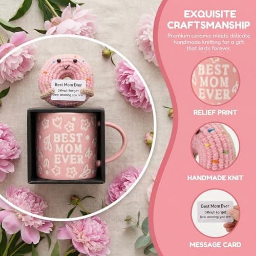 KyreDino Mothers Day Gifts, Best Mom Ever Gifts for Mom from Daughter, Pink Floral Embossed Pattern Mother's Day Mug and Handmade Donut Crochet Gifts Set - Thumbnail 3