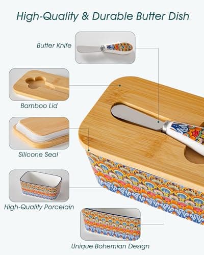 vancasso SIMI Butter Dish with Lid, 6.5" Large Butter Dish for Countertop, Bohemian Ceramic Butter Keeper Container with Knife and Bamboo Lid, Butter Holder for Counter, Regal Bloom - Thumbnail 5
