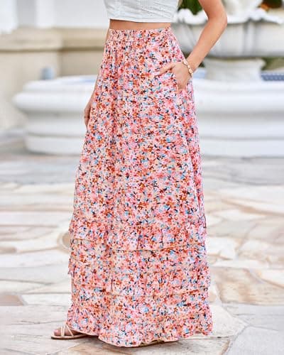 BTFBM Skirts for Women Summer Flowy A-Line Floral Boho Maxi Skirt Long Wedding Guest Dresses Spring Outfits 2026(Floral Pink,X-Large) - Thumbnail 6