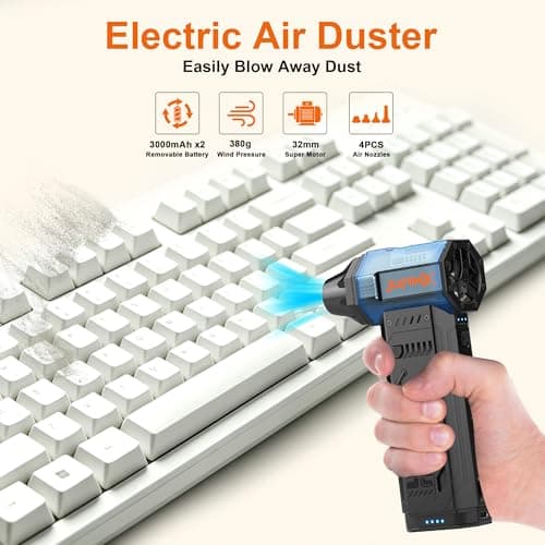 JUFINX Air Duster - 250,000RPM Compressed Air Duster, Replaceable Batteries 2pcs,Long Life-mini Blower, 3-Gear Adjustable- Electeic Air Duster for Keyboard,PCs,Leaves,Car Cleaning (2*Batteries) - Thumbnail 5