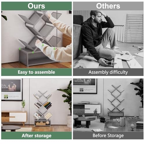 Gintan 9-Tier Modern Book Shelves with Storage, Bedroom Shelves Folding Bookshelves, No Installation Required Shelf Tree Bookcase for Living Room, Study, Home Office, Bed Room (Grey) - Thumbnail 3
