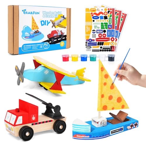 Wooden Build Paint Art Crafts Kit 3 Pack, Make Your Own Car Boat & Plane DIY Craft Toys for Kids Boys, STEM Educational Toy Set for Kids Ages 4-8, 8-12 - Image 1