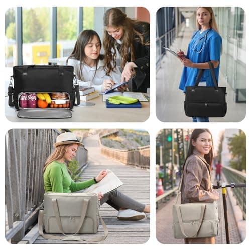 Lunch Tote Bag for Women with 15.6" Laptop Compartment, Work Tote Bag with Insulated Lunch Compartment, Large Casual Canvas Handbag Luncg Bags for Nurse, Teacher, Office, Travel, Beach, Pink - Thumbnail 5