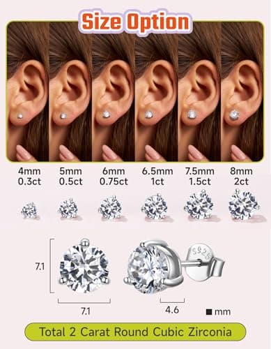 Justbeingcute Sterling Silver Diamond Earrings 6.5mm April Birthstone Stud Gemstone Cubic Zirconia Stud Earrings Jewelry Timeless Round Cut Hypoallergenic Everyday Minimalist 1ct - Thumbnail 3