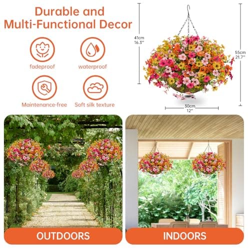 Artificial Flowers with Hanging Baskets Outdoors for Decoration Spring Summer Faux Daisy for outdoor planters Fake artificial hanging plants UV Resistant for Porch Home Patio Decor (Honey Gold) - Thumbnail 2