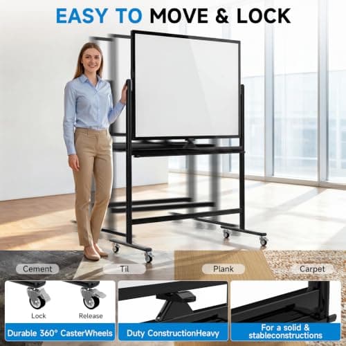 Rolling Whiteboard 48x36, Double Sided Dry Erase Board with Stand, Magnetic Mobile White Board with Wheels for Office & Classroom and Home - Thumbnail 4