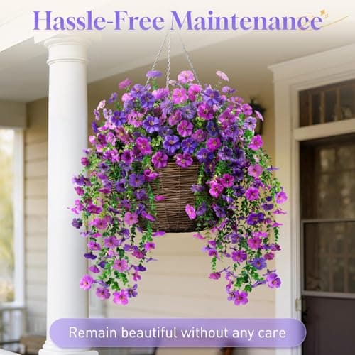 BlessedSeason 2 Pcs Artificial Hanging Flowers, UV Resistant Fake Flowers with Flexible Stems, Full Bundle Faux Flowers for Outdoor Planters, Zero Maintenance for Patio, Garden, Balcony, Double Purple - Thumbnail 6
