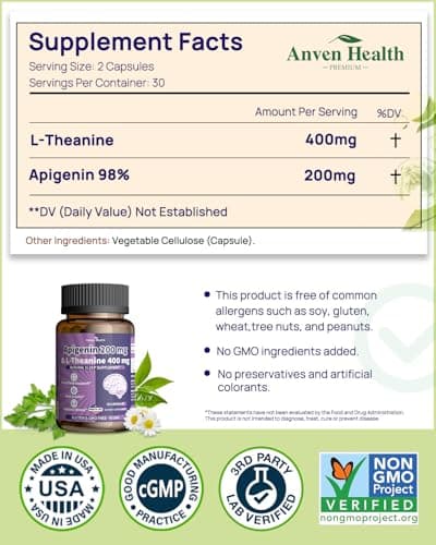 Anven Health 400mg L-Theanine with 200mg Apigenin Supplement for Sleep-Natural Relaxation & Stress Relief - Gluten Free,Non-GMO, Zero Fillers - Made in USA | 60 Veggie Capsules - Thumbnail 3