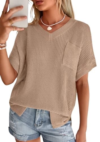 PRETTYGARDEN Women's 2026 Spring Short Sleeve Sweaters Lightweight V Neck Casual Going Out Summer Tops Beach Vacation Clothes (Khaki,Medium) - Image 1