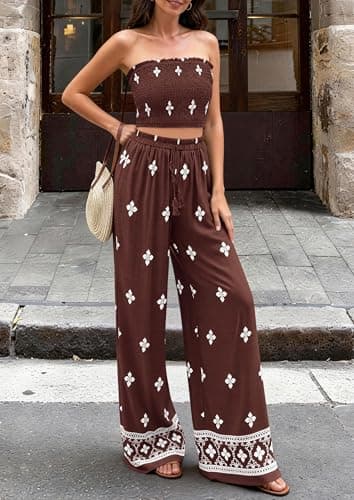 PRETTYGARDEN 2 Piece Sets for Women Summer 2026 Fashion Clothing Boho Tube Tops Wide Leg Pants Cruise Beach Vacation Outfits (Brown,X-Large) - Thumbnail 5