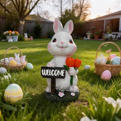 BeePeep Solar Easter Rabbit Garden Statue with LED Lights - Waterproof Resin Bunny Figurine Outdoor Decor for Yard, Patio & Lawn - Unique Hand-Painted Birthday, for Mom & Grandma (9 Inch) - Thumbnail 2