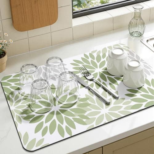 Findosom Floral Dish Drying Mat, 12" x 20" Super Absorbent & Hide Stain Coffee Mat, Cuttable Drying Mat for Kitchen Counter, Under Dish Rack, Coffee Maker, Espresso Machine, Sage Green - Thumbnail 5