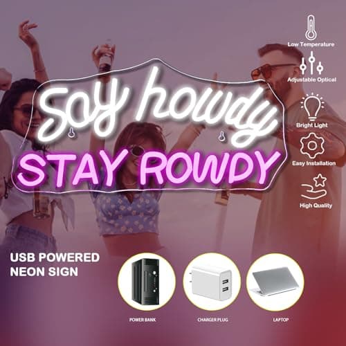 VVYXX Say Howdy Stay Rowdy Neon Sign Wall Decor Dimmable Neon Light for Man Cave Pub Beer Bar Bedroom Recreation Room Gift - Thumbnail 5