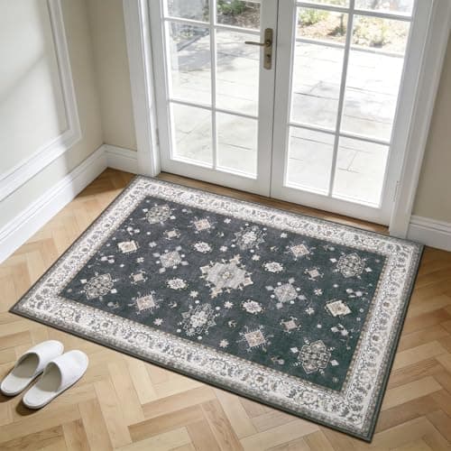 2'x3' Washable Area Rug Non-Slip, Vintage Floral Medallion Distressed Entryway Kitchen Bathroom Mat, Soft Low Pile Indoor Floor Carpet for Hallway Laundry, Navy Blue & Ivory Vintage - Image 1