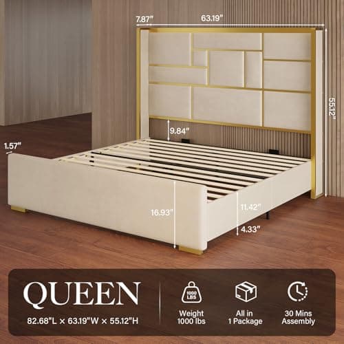 Uteeran Queen Bed Frame with 55.12" Tall Headboard, Modern Luxury Velvet Upholstered Platform Bed with Gold Trim, Wide Wingback Design, Noise-Free, Easy Assembly, No Box Spring Needed, Beige - Thumbnail 2