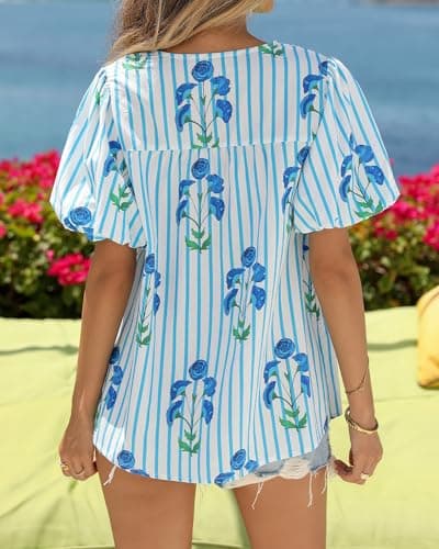 KIRUNDO Boho Tops for Women Summer 2026 Dressy Floral Blouse V Neck Drawstring Short Sleeve Shirts Beach Vacation Clothes(Striped White Blue, Small) - Thumbnail 3