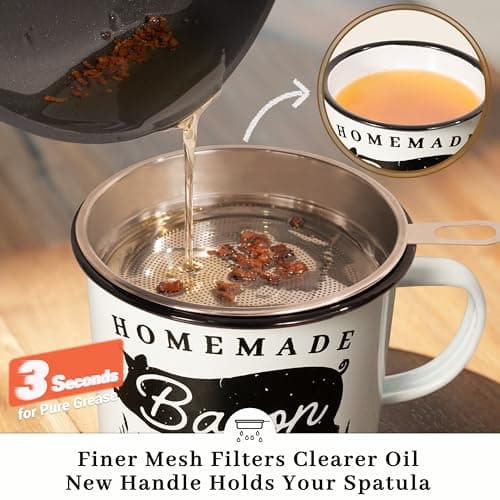 Ayerphalo Bacon Grease Container with Strainer - With Food-Grade Silicone Spatula, 24oz Enamel Rustic Farmhouse Fat Container, Keeper, Recipes, Dishwasher Safe - Thumbnail 4