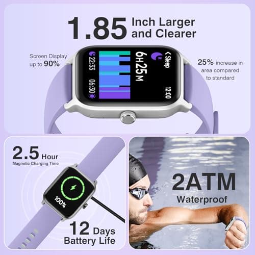 Smart Watches for Women Men, 1.85” HD Touchscreen Fitness Tracker with Call & Message Alerts, 24/7 Heart Rate/Sleep Monitor,100+ Sport Modes, 2ATM Waterproof Smart Watch for Android iPhone (Purple) - Thumbnail 5