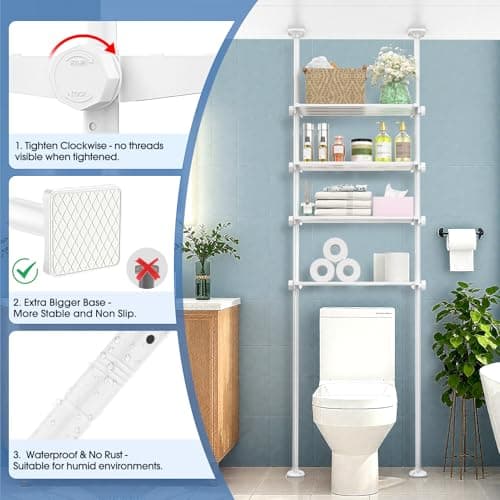 SUNALLY Over The Toilet Storage Shelf, 4-Tier Adjustable Over Toilet Bathroom Organizer,Tension-Mounted Bathroom Storage Rack for Ceilings, No Drill Space-Saving Shelving for Small Rooms,White - Thumbnail 3
