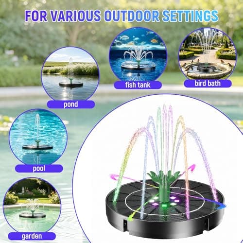 Marchul 3.5W Solar Fountain for Bird Bath Colorful Light with 2200mah Battery, 2026 Upgrade 4-in-1 Nozzles Solar Water Fountain Powered with 4X Fixer Floating Solar Pump for Garden, Pond, Pool - Thumbnail 6