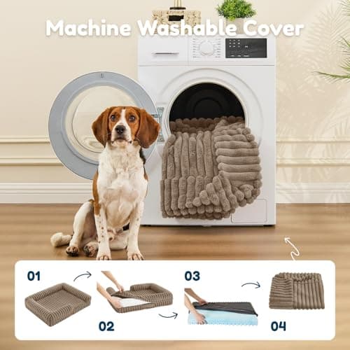 ChiXnuggle Orthopedic Dog Bed with Bolster Sides for Sleeping, Fluffy Plush Rectangular Dog Bed Medium Sized Dog, Luxury Striped Faux Fur Waterproof Dog Couch with Removable Washable Cover, Taupe - Thumbnail 6