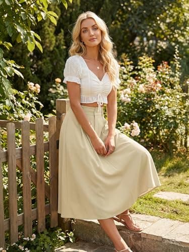 Casly Lamiit Women's Midi Skirt Trendy A Line Pleated Dressy Work Summer Spring Skirt with Pockets Office Light Khaki XS - Thumbnail 2