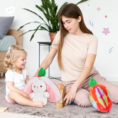 MIAODAM Rainbow Strawberry Bunny Stuffed Animal, Rainbow and Strawberry Bunny Plush Turn Into Rabbit Fruit Doll, Plushie Funny Bunny Toy for Baby (10 inch) - Thumbnail 6