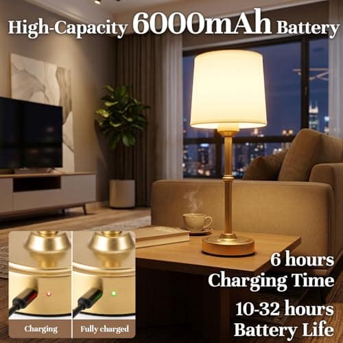 Cordless Table Lamp Rechargeable, Portable Battery Operated Light for Bedroom Living Room, 6000mAh Fabric Shade Desk Lamp 3000K Eye-Caring Home Decor for Dining Balcony Patio Counter Nightstand Hotel - Thumbnail 2